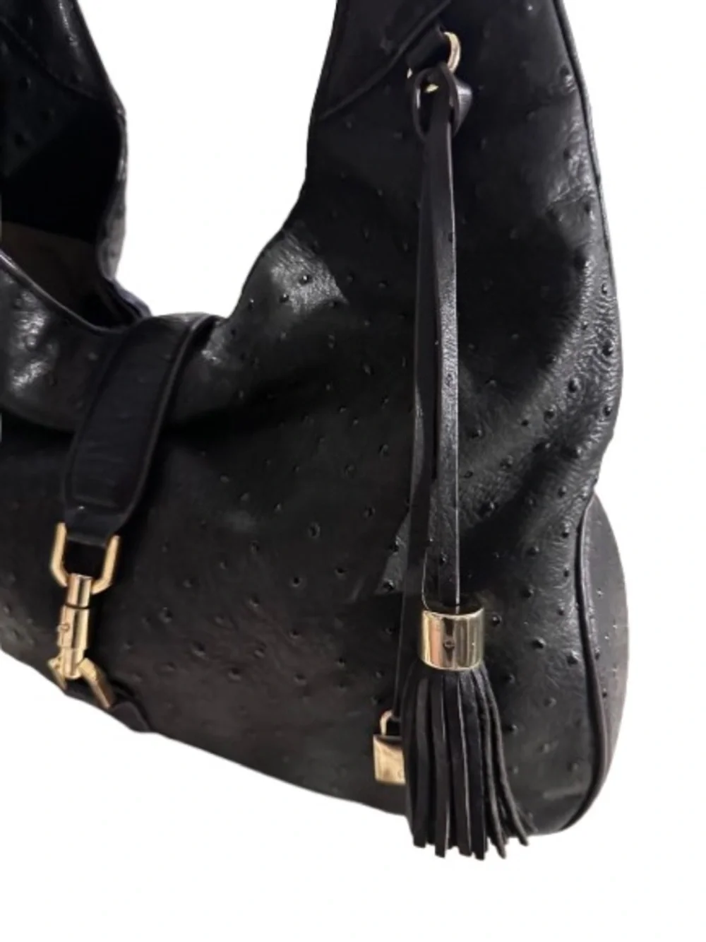 G.I.L.I. Black Ostrich-Embossed ‘Verona’ Hobo with Tassel and Gold Hardware